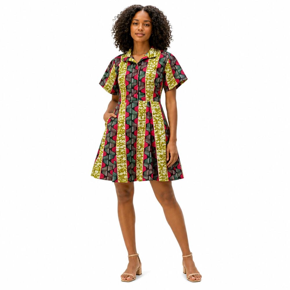 $195 The Oula Company Womens Shirt Dress Small Ankara African Print Bold Artsy